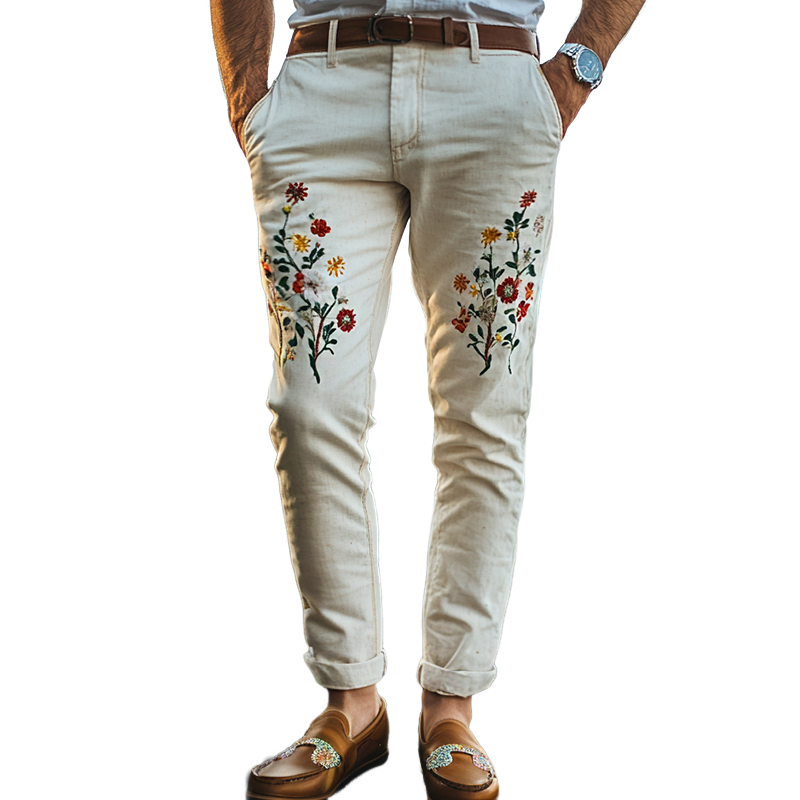 Bloemen geborduurde vintage broek 3F8K2J1D4